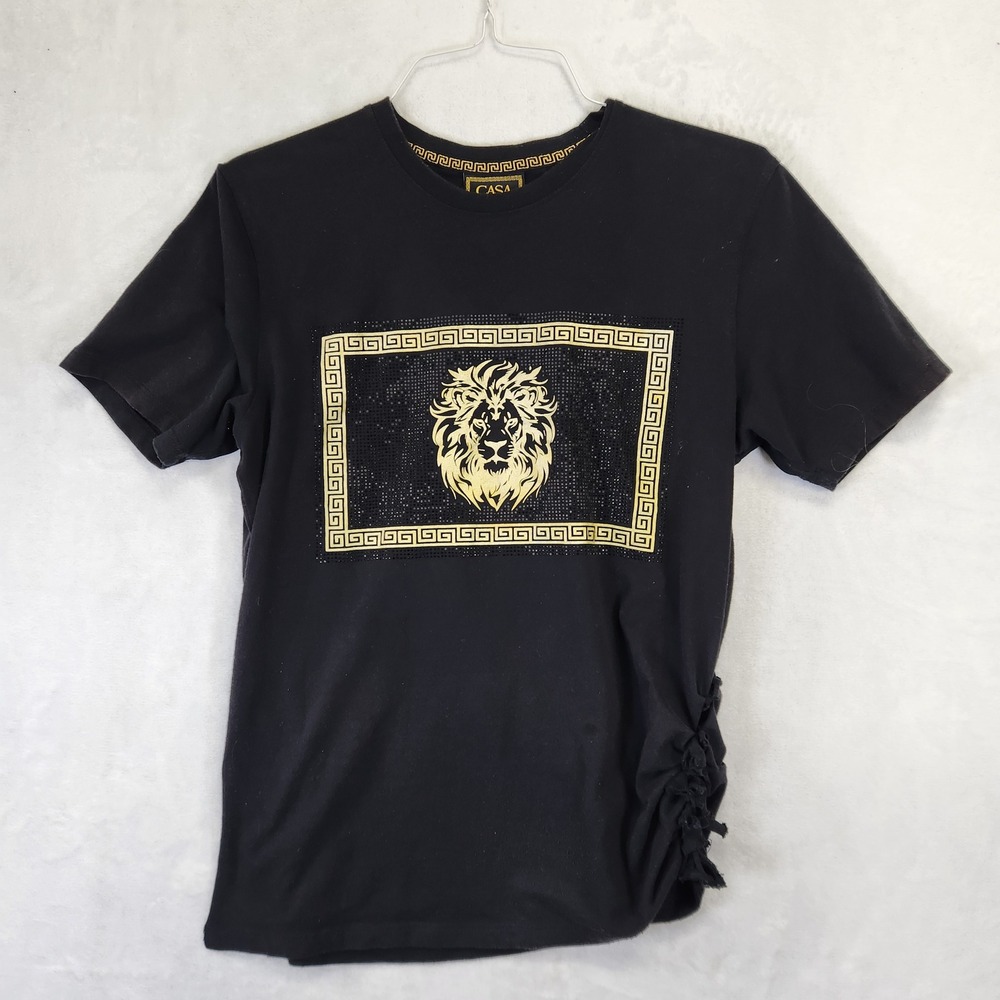 Casa Moda Couture Black Gold‎ Lion Greek Key Rhinestone T-Shirt Womens Medium